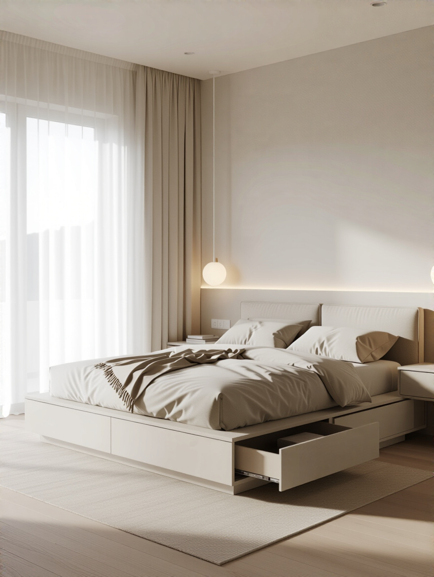 Modern minimalist bedroom with low-profile platform bed, floating nightstands, and neutral color palette emphasizing clean and cohesive style