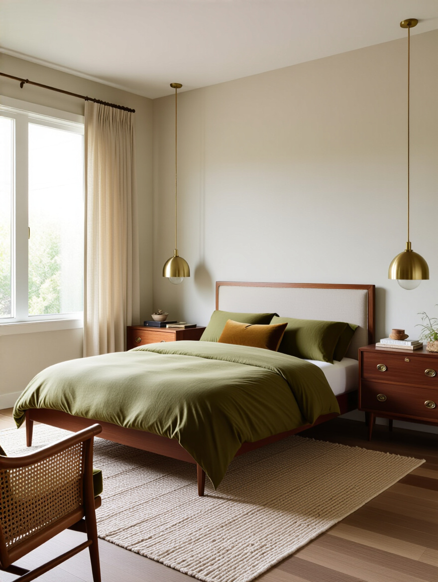 Portrait view of a cohesive vintage-inspired bedroom with a clearly defined era aesthetic, featuring warm woods, velvet textiles, and brass accents.