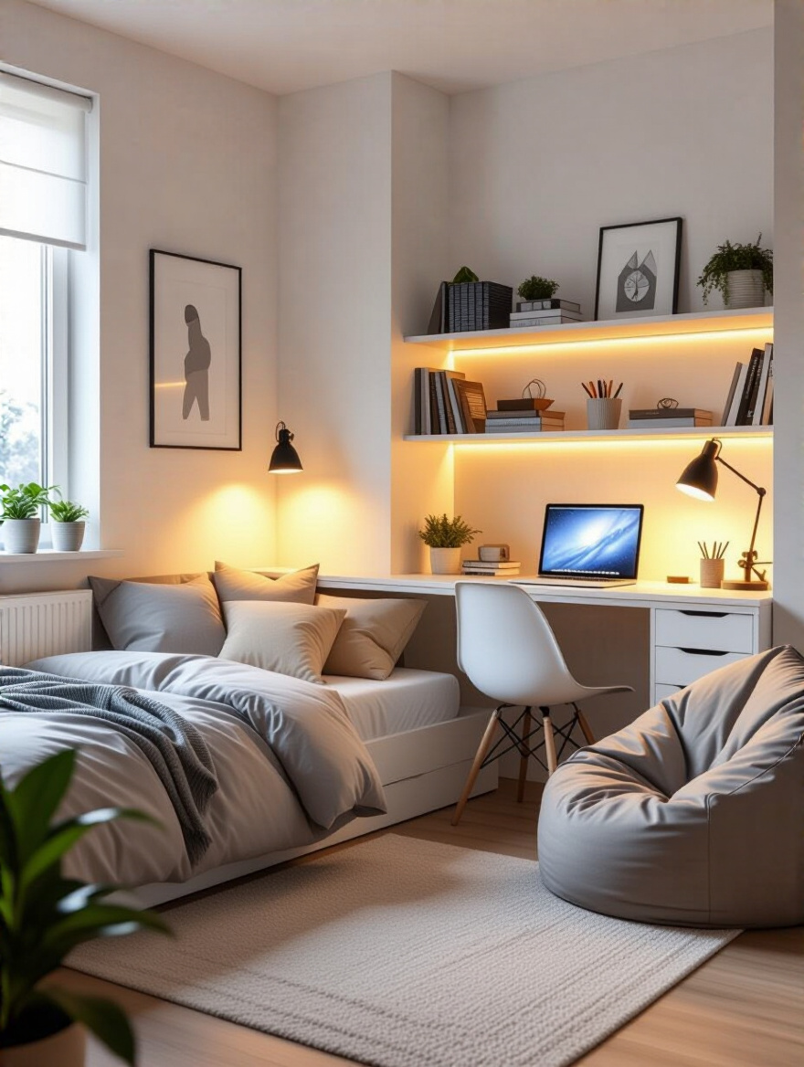 Teen bedroom with distinct sleep, study, and chill zones featuring bed, desk, and cozy seating areas