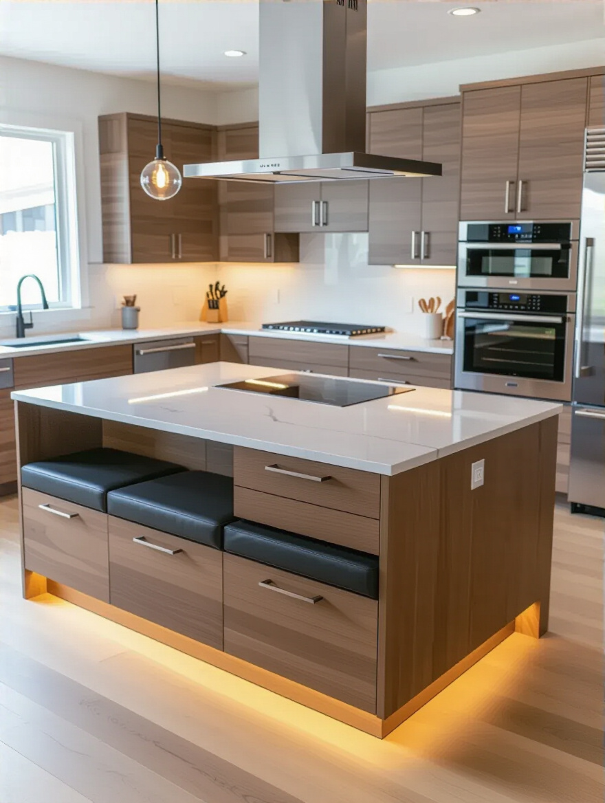 Modern multi-functional kitchen island with seating and storage in a bright open-concept kitchen