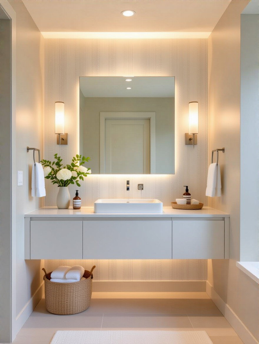 Portrait shot of a compact bathroom with a single wallpapered accent wall and soft lighting.