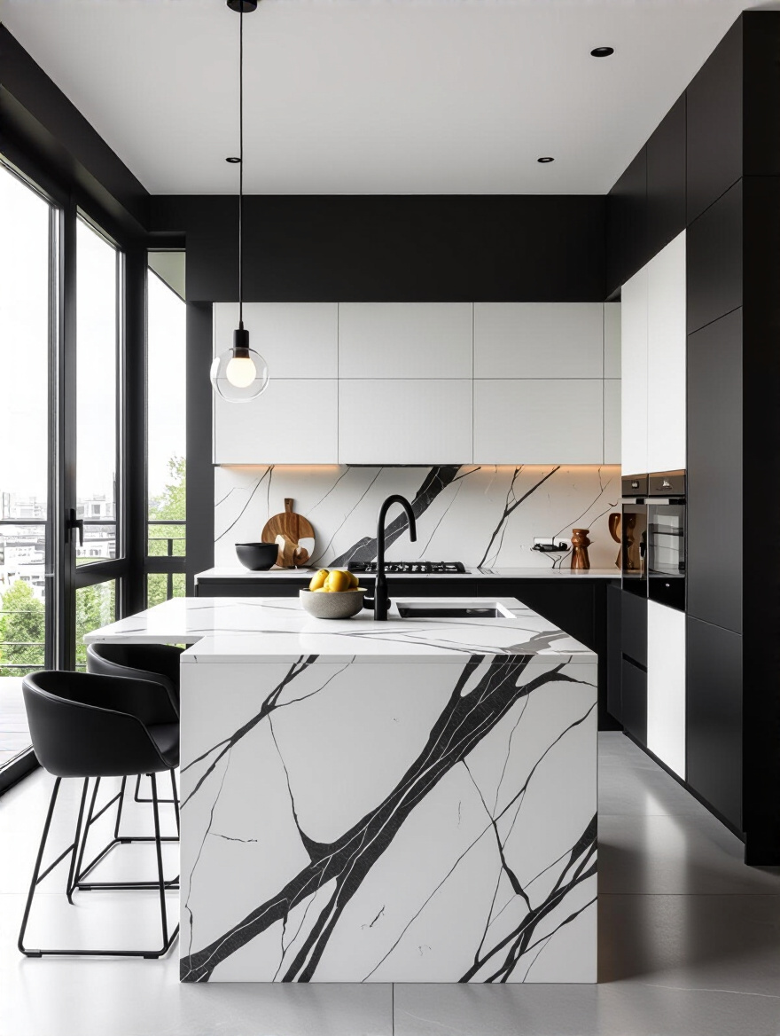 Top-down view of a modern kitchen layout floor plan sketch with measuring tools and furniture models on wooden table