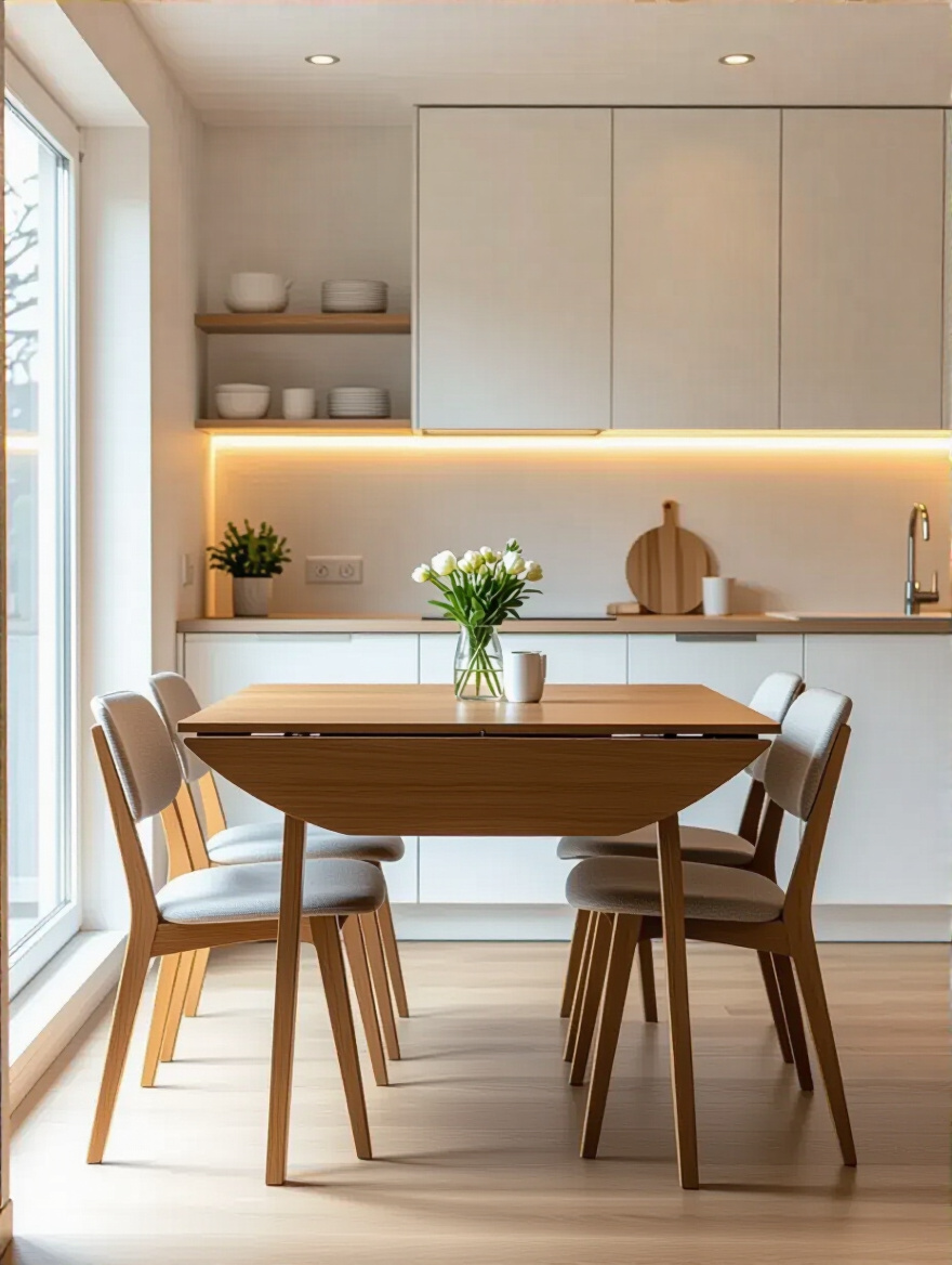 Modern foldable dining table unfolded in a small kitchen with natural and ambient lighting, showcasing space-saving design