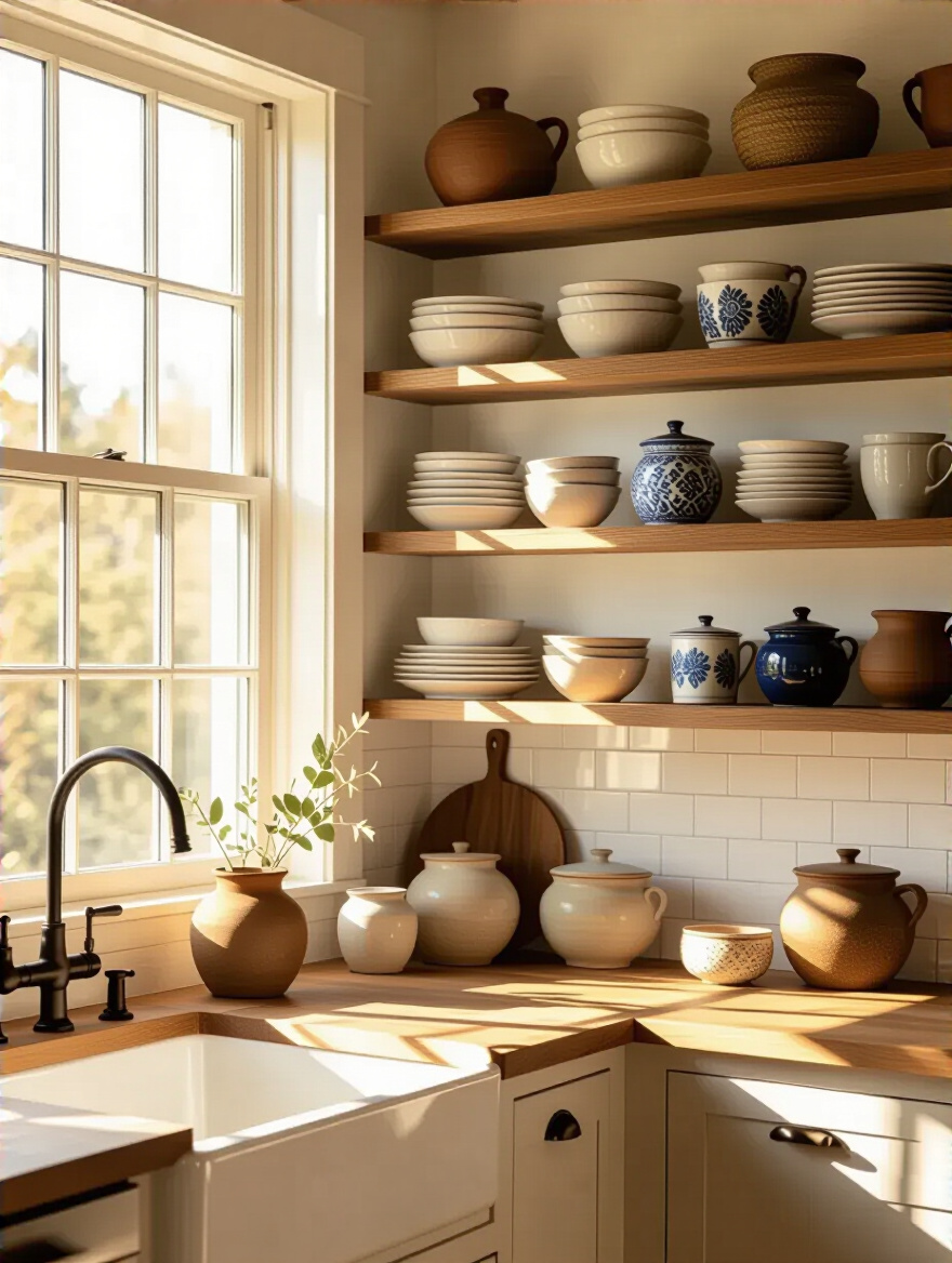 Cozy kitchen corner with open shelving displaying cherished vintage dishware and pottery collections in warm natural light