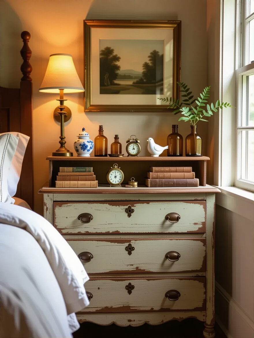 Vertical bedroom vignette with dresser displaying eclectic vintage trinkets