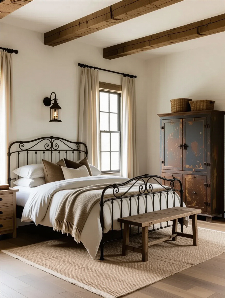 Rustic bedroom with wrought iron bed frame, distressed metal cabinet, warm wood floors and layered linens