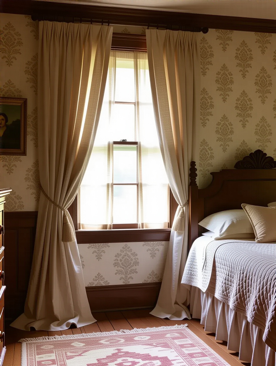 Vertical view of a vintage bedroom window with period-authentic curtains softly diffusing light