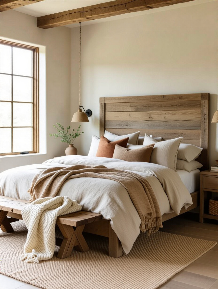 Vertical photo of a rustic bed layered with stonewashed linen sheets, organic cotton, a lightweight wool blanket and a chunky knit throw, warm morning light highlighting natural textures.