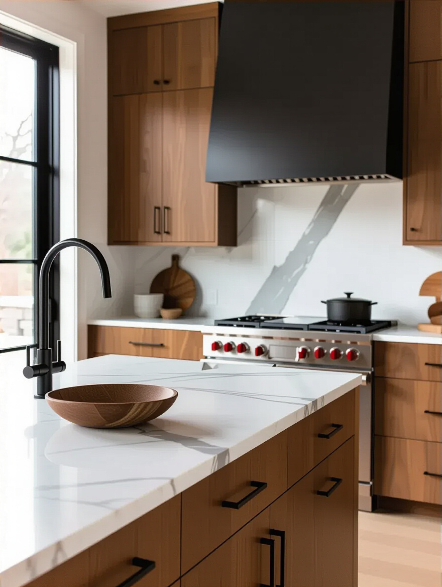 Modern kitchen interior featuring mixed materials and textures with wood cabinetry, marble countertop, and metal accents