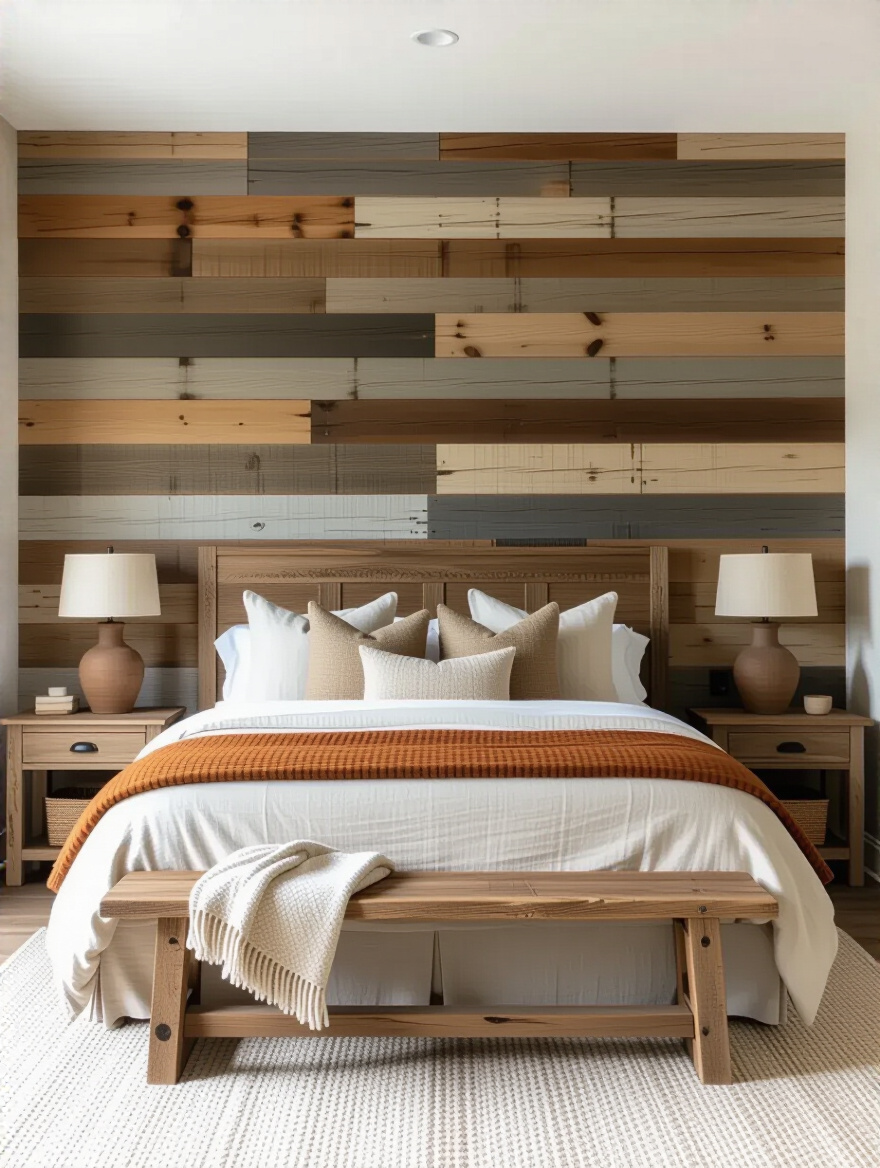 Vertical photo of a rustic bedroom with a reclaimed wood accent wall headboard, neutral linens, warm bedside lamps, and textured natural decor.