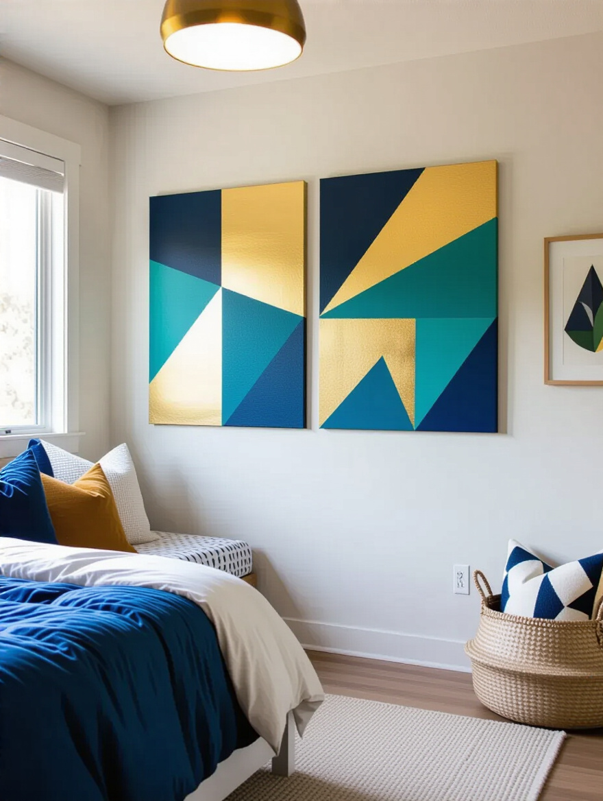 Teen bedroom wall decorated with unique DIY geometric abstract canvas art in navy, teal, and gold colors