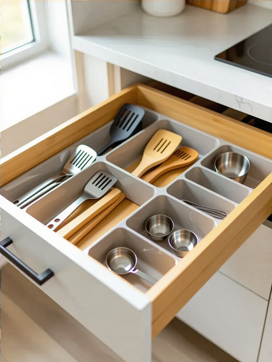 Vertical shot of an organized kitchen drawer with adjustable dividers for utensils and gadgets.