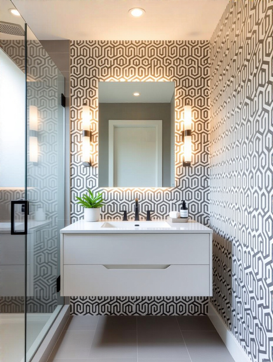 Portrait of a bathroom showcasing geometric wallpaper patterns for modern sophistication