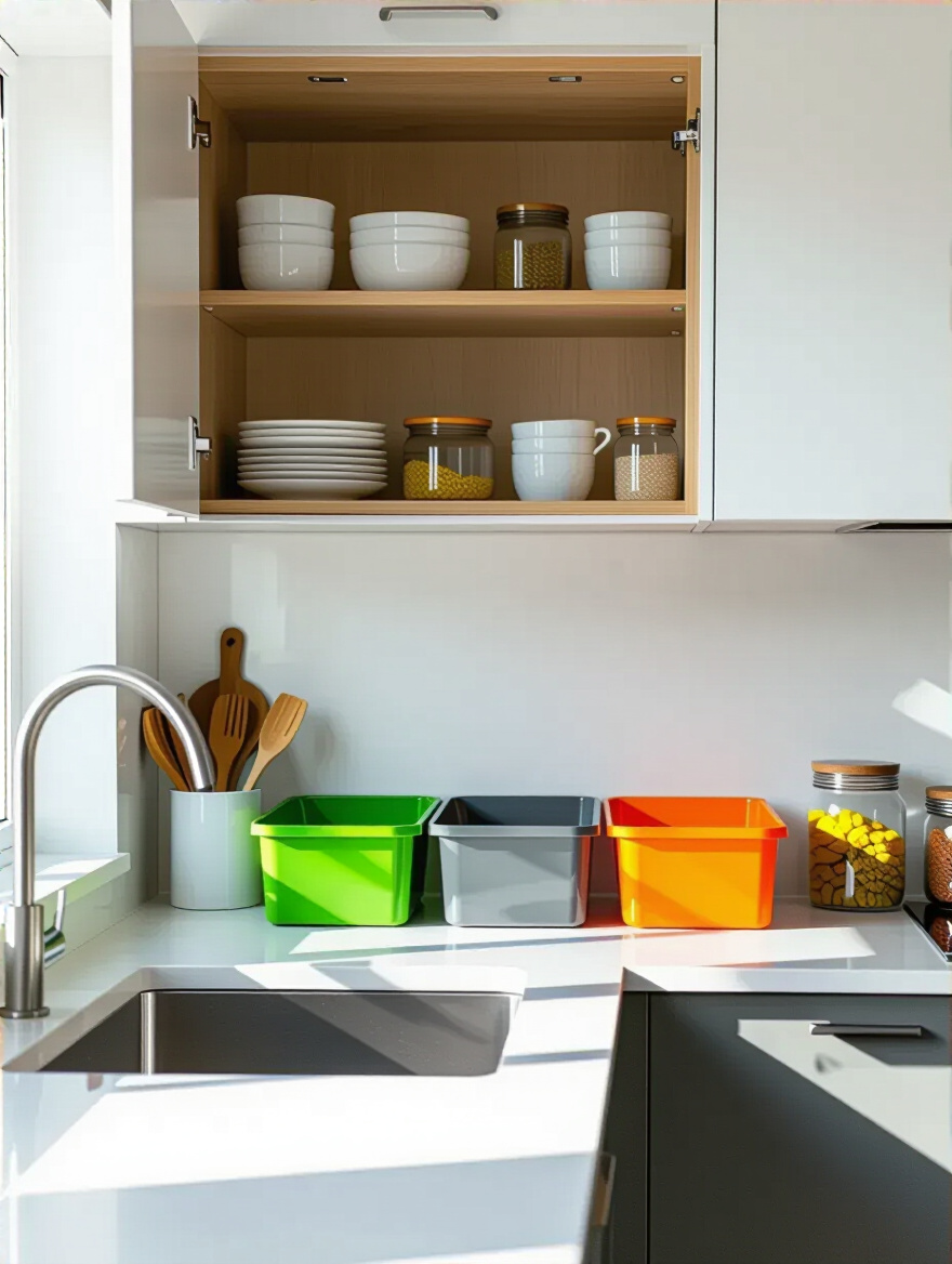 Portrait of a modern kitchen with open cabinet and three color-coded bins for sorting keep/donate/discard