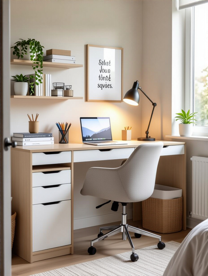 Dedicated study nook in a teenager's bedroom with ergonomic desk, natural light, and organized storage for optimal focus