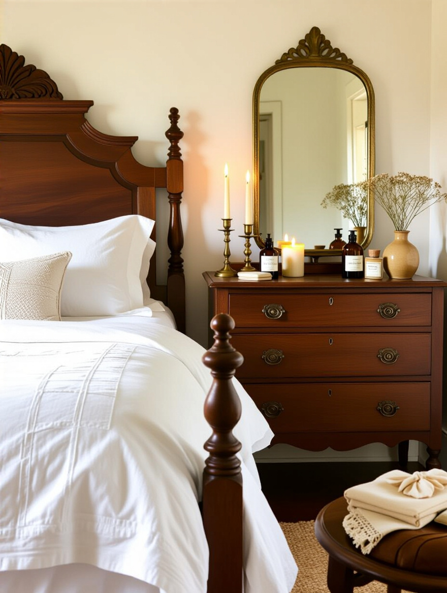 Vertical vintage bedroom with candles, diffuser, and scent elements on dresser and beside bed, warm ambient lighting