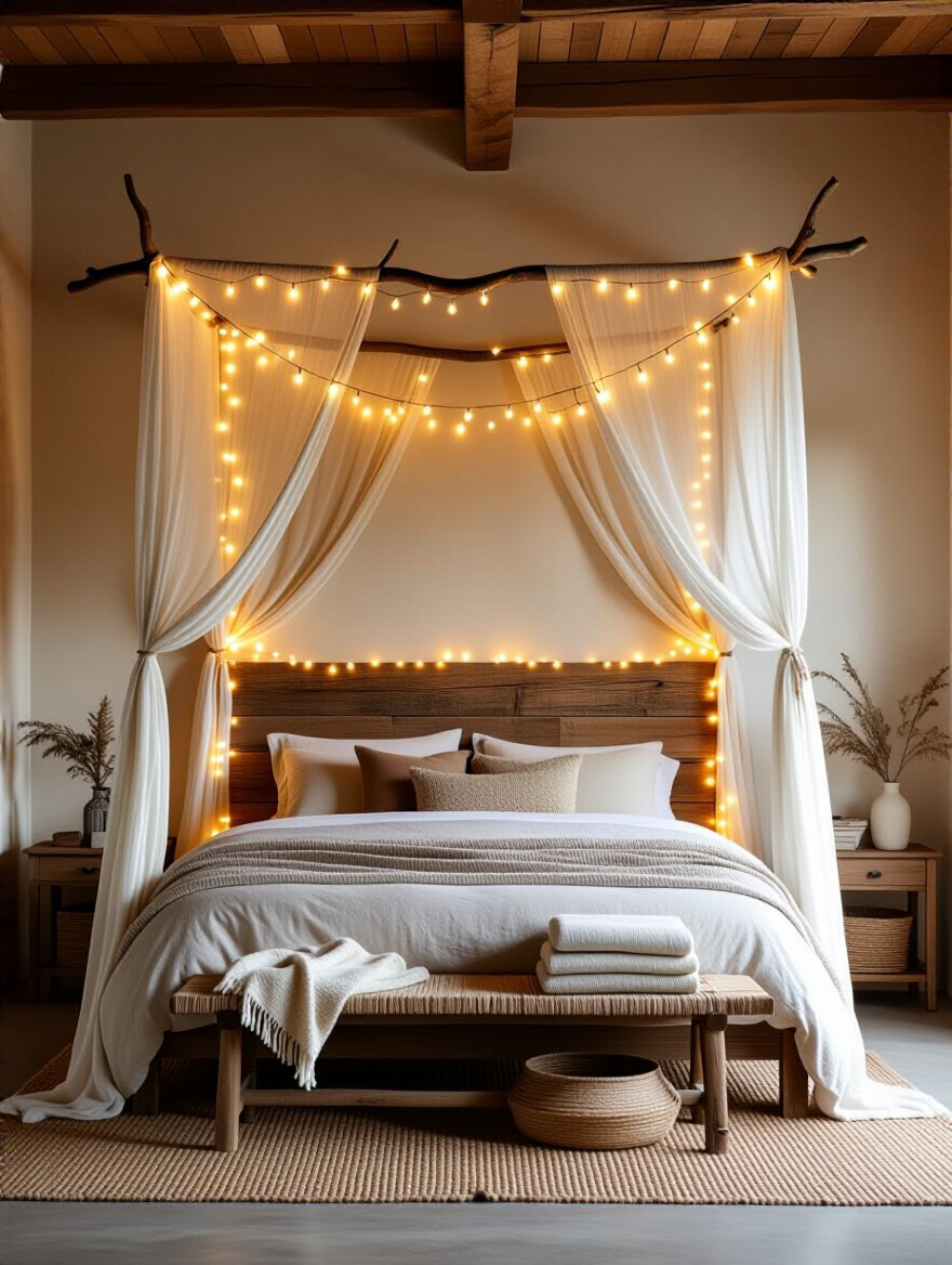 Rustic bedroom headboard wrapped in warm twinkling string lights, creating a cozy ambient glow.