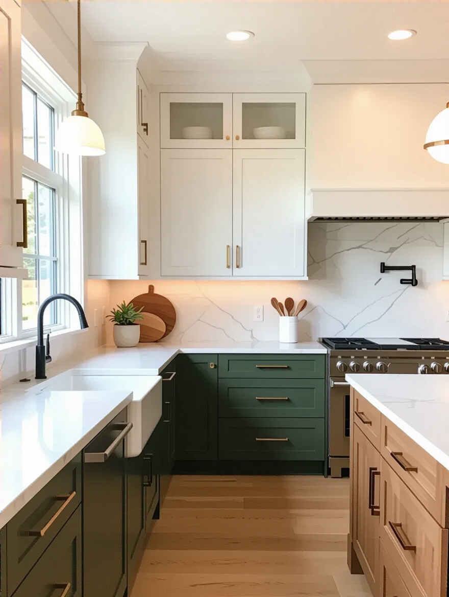Modern kitchen interior with soft white and muted green cabinets showcasing an inviting color palette