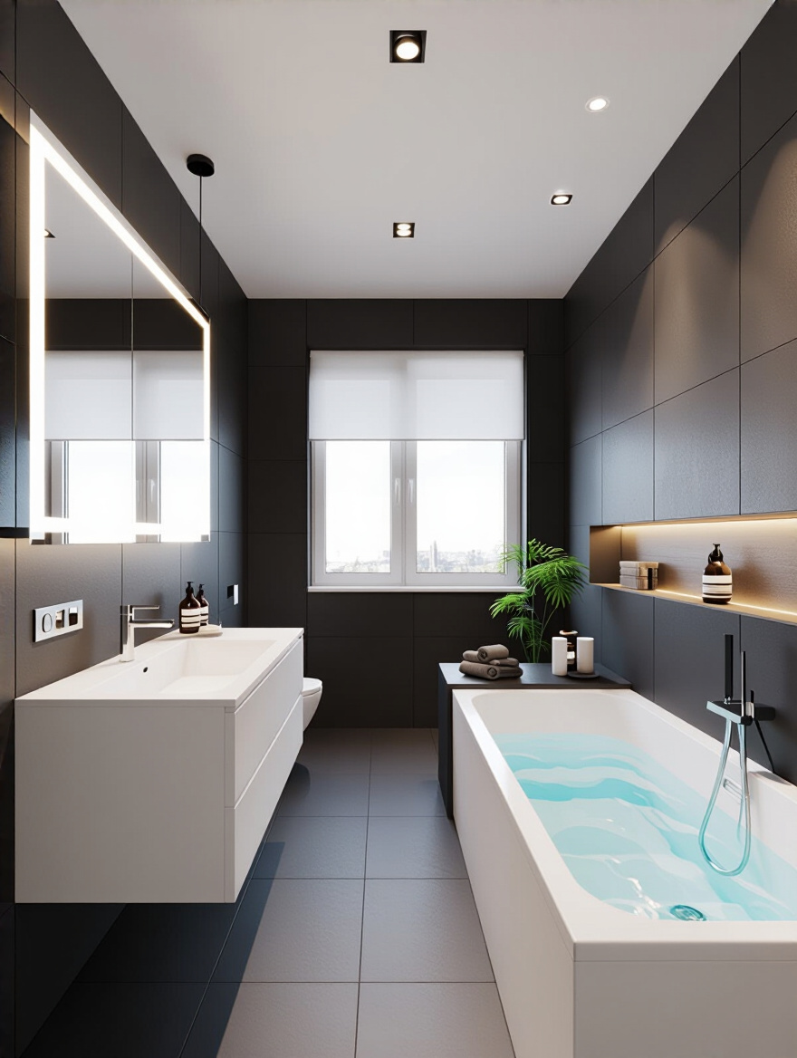 Contractor evaluation documents and a newly installed bathtub in a modern bathroom under renovation, illuminated by natural light.