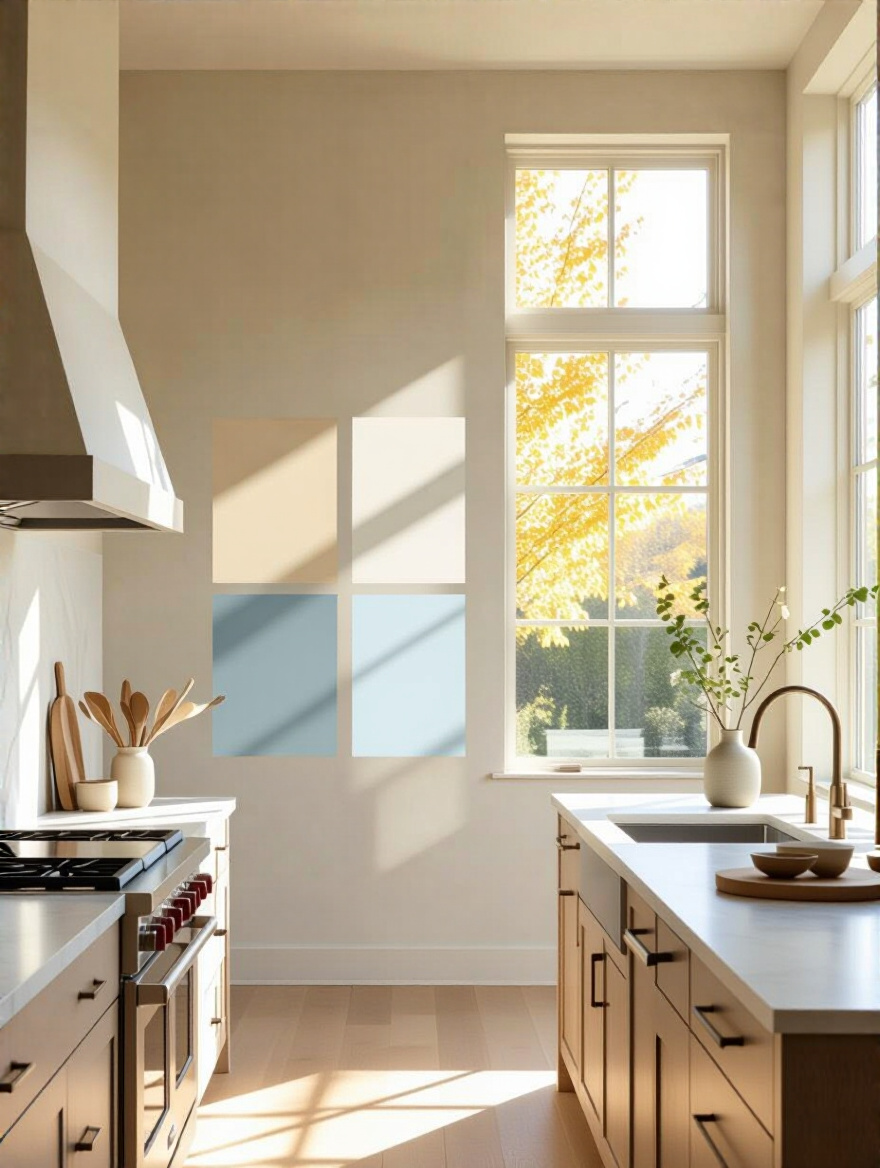 Modern kitchen interior with natural light highlighting paint samples on walls to evaluate optimal color selection based on room orientation
