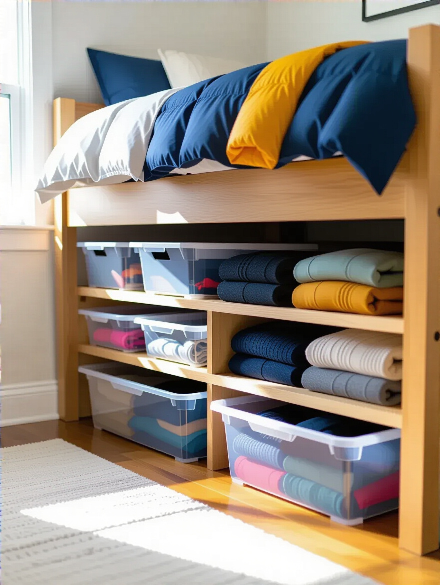 Portrait photo of a teenager's bedroom with neatly organized under-bed storage bins for seasonal clothes and bulky items