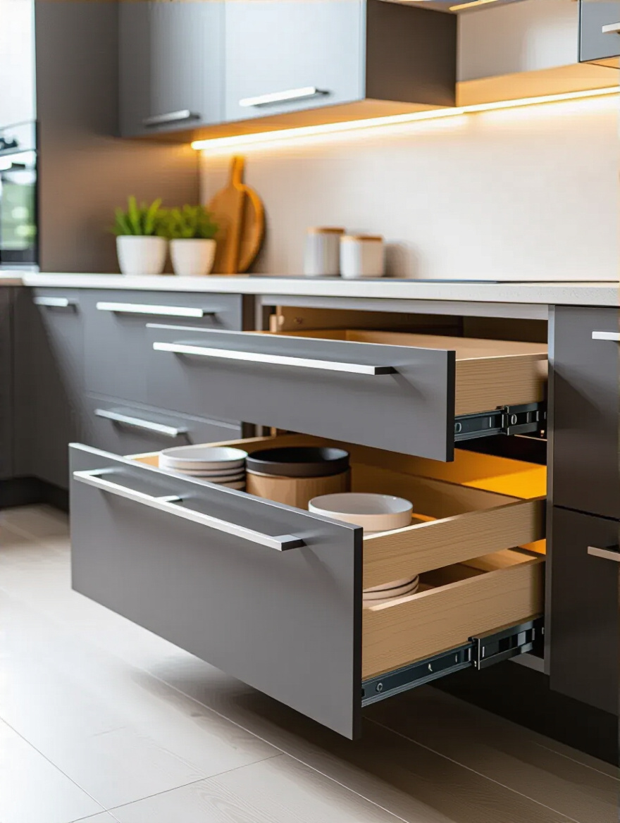 Modern kitchen base cabinet with full-extension drawers and magic corner pull-out system showcasing innovative lower storage solutions.