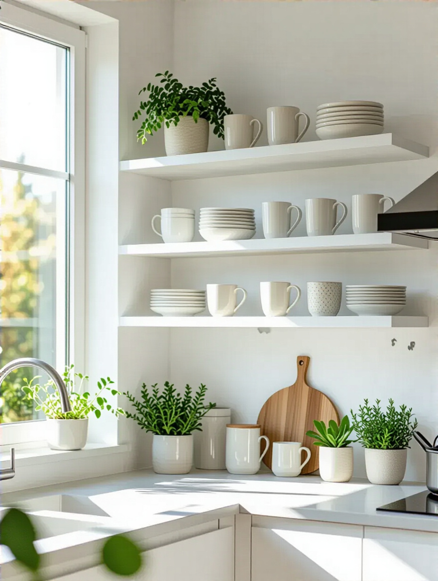Modern kitchen with white open shelving displaying kitchenware and decorative plants in a bright, airy setting