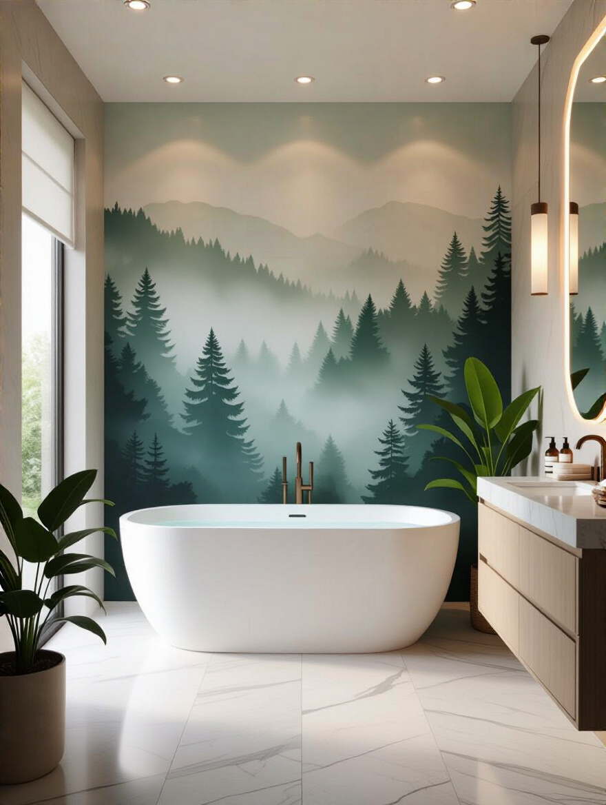 Calming bathroom with floor-to-ceiling misty forest wallpaper and spa-like decor