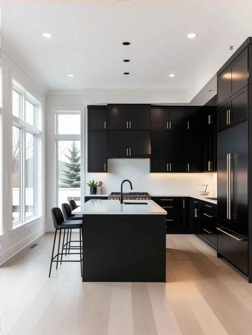 Portrait style kitchen with black cabinets and light walls balancing space