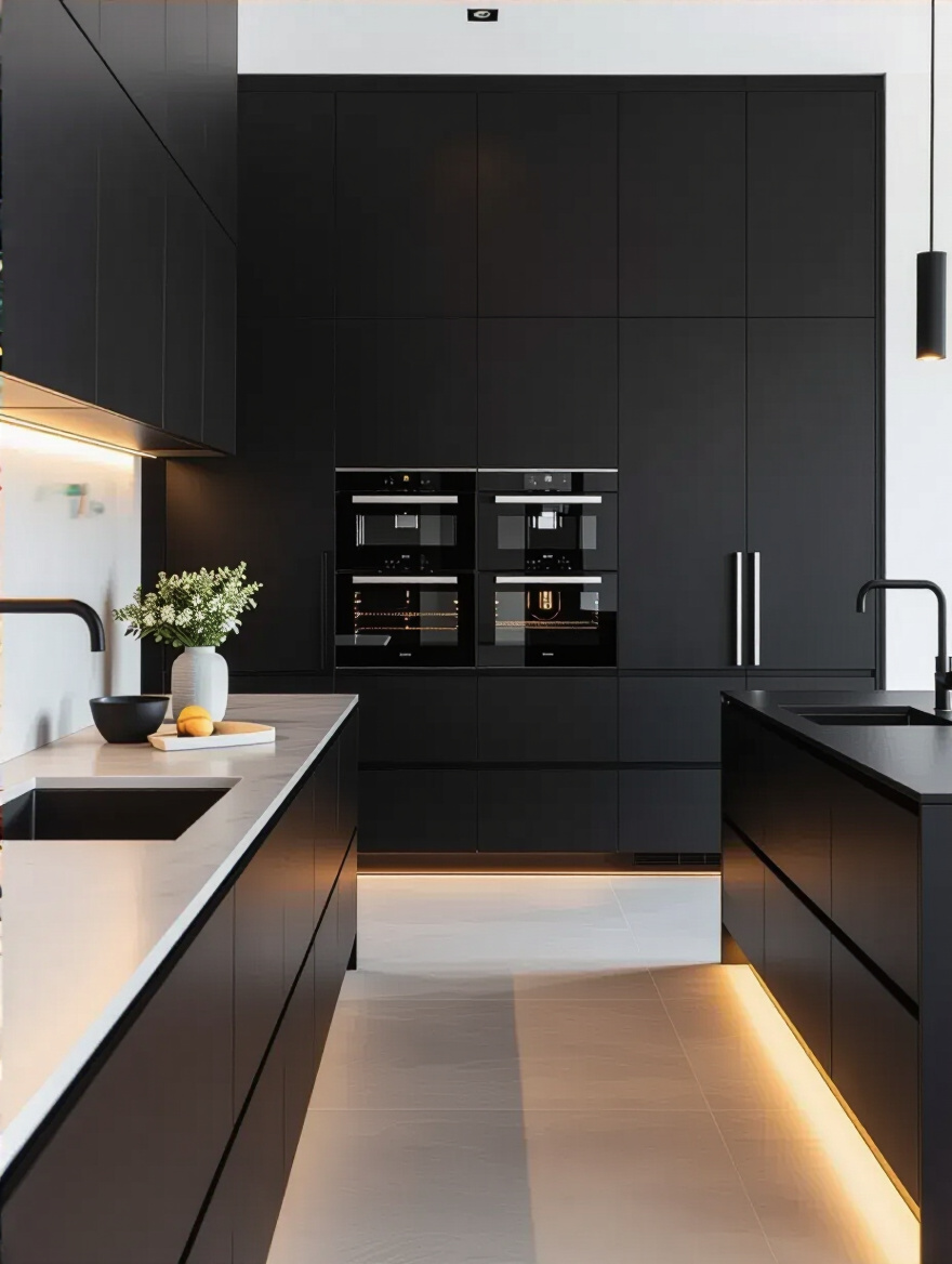 Portrait-style shot of a seamless black kitchen with integrated appliances behind matching panels, matte finishes