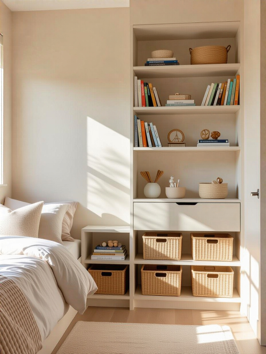 Vertical shelving and floating units in a teenage bedroom with organized books and decor on light pastel walls