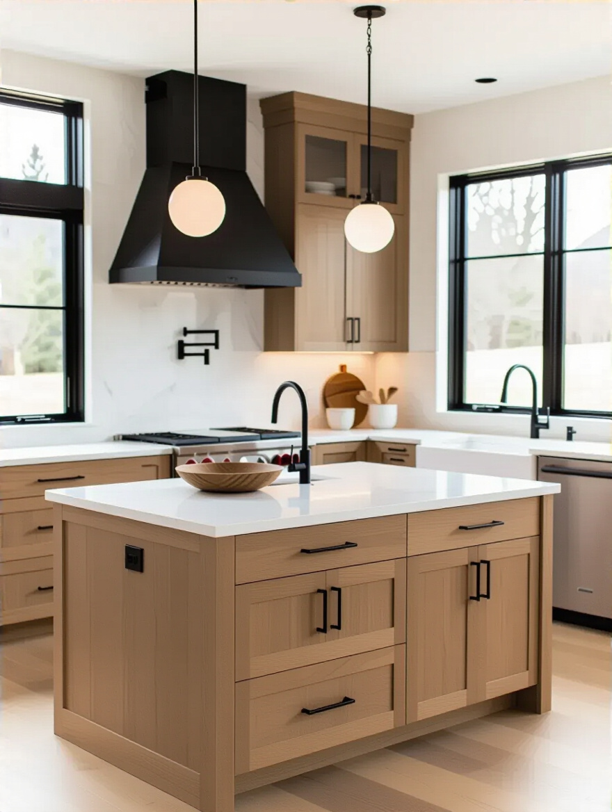 Modern organic style kitchen with natural wood cabinets and matte black hardware under soft natural daylight