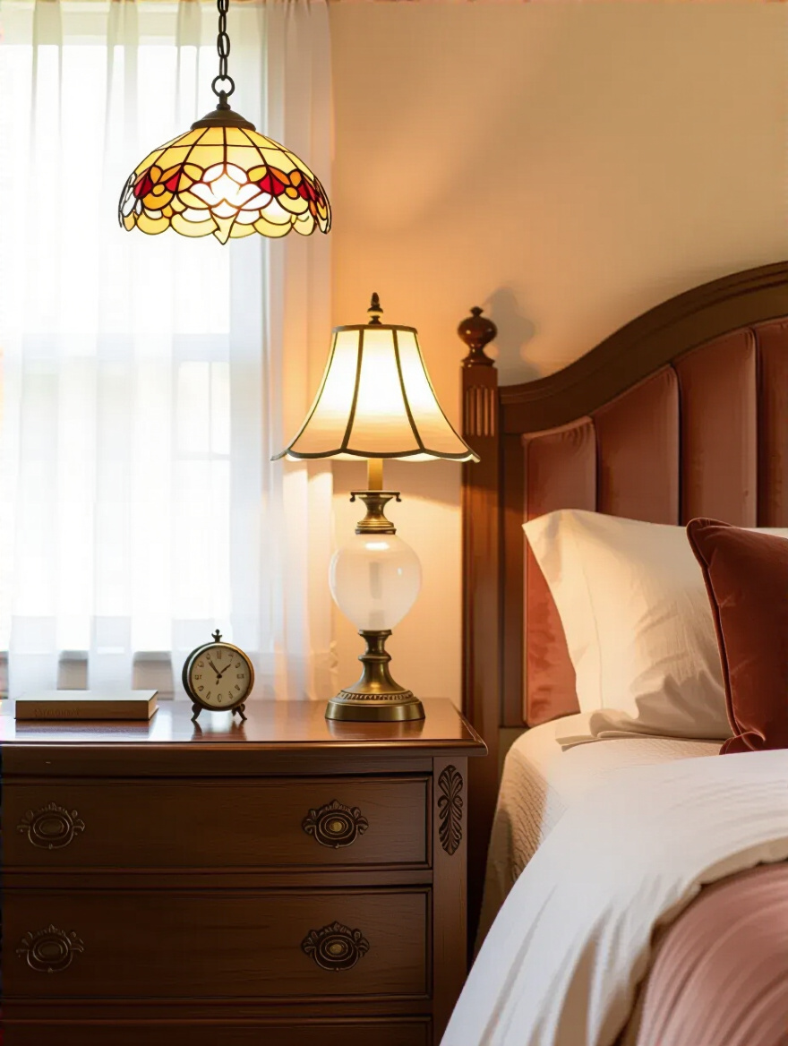 Vintage bedroom scene with antique lamps and distinct fixtures glowing warmly