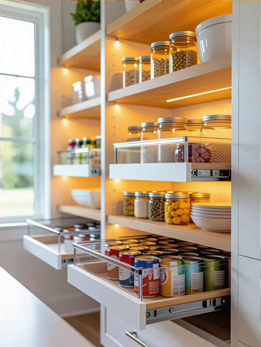 Portrait of a pantry with deep shelves and extended pull-out organizers showing organized contents