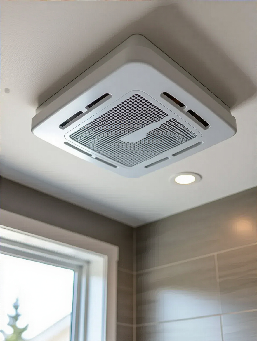 Modern bathroom ceiling with a high-quality exhaust fan and insulated ductwork for improved ventilation