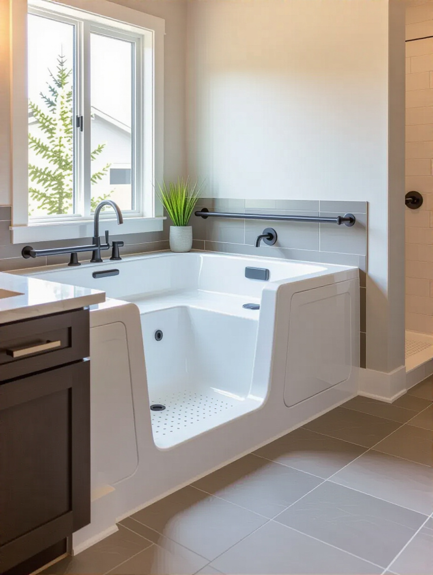Modern accessible bathtub remodel featuring grab bars, non-slip flooring, and lever faucets for long-term safety