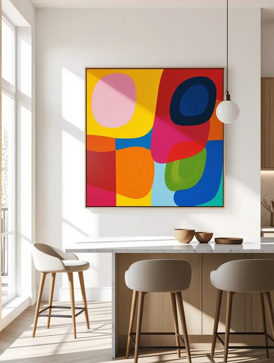 Modern kitchen corner with vibrant oversized abstract painting above breakfast bar, bright natural lighting
