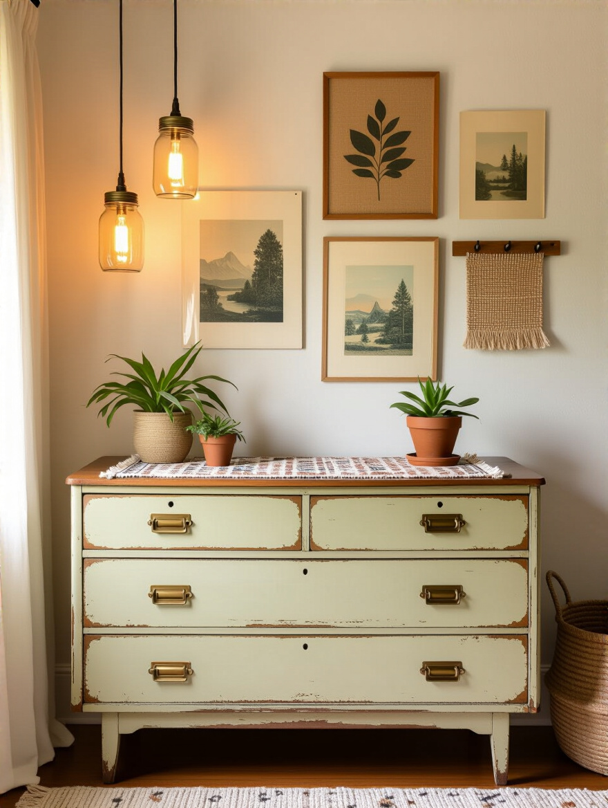 Vertical portrait of a vintage bedroom corner with upcycled dresser, DIY lighting, and gallery wall