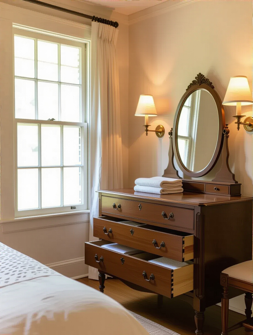 Vintage bedroom with antique dresser and vanity showcasing organized storage
