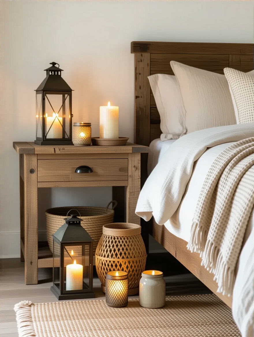 Rustic bedroom bedside vignette with clustered lanterns and warm flickering candles on a reclaimed wood table and floor, textured linens and woven throw