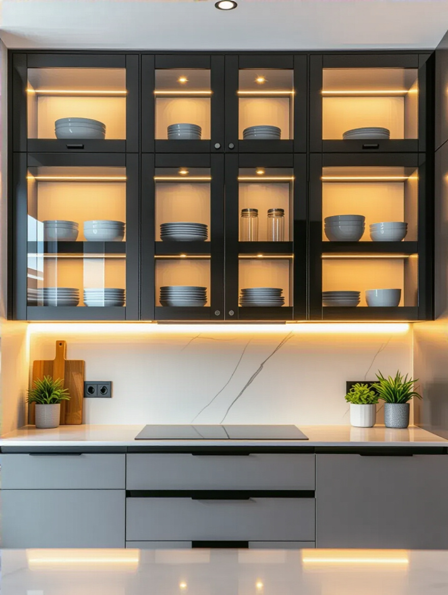 Modern kitchen featuring sleek wall cabinets with glass and solid fronts and under-cabinet lighting for accessible vertical storage