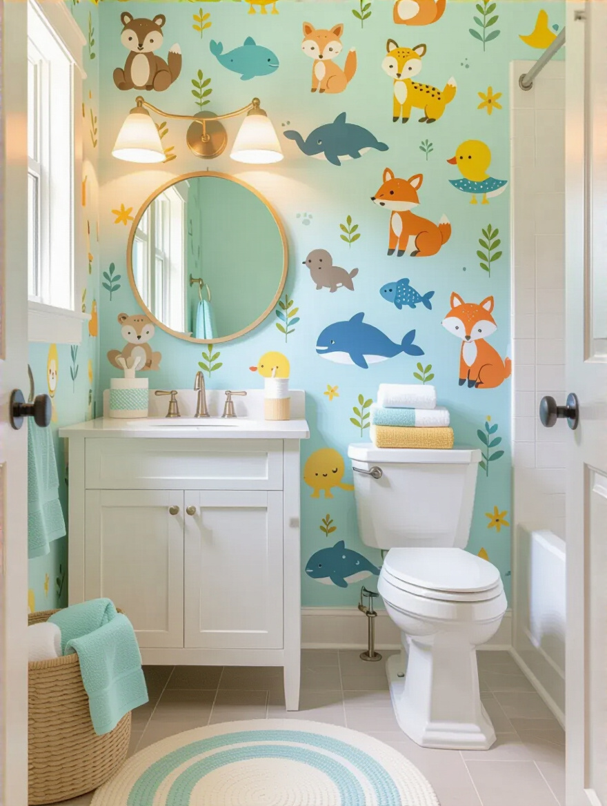 Kids' bathroom with pastel whimsical animal wallpaper and coordinated white fixtures