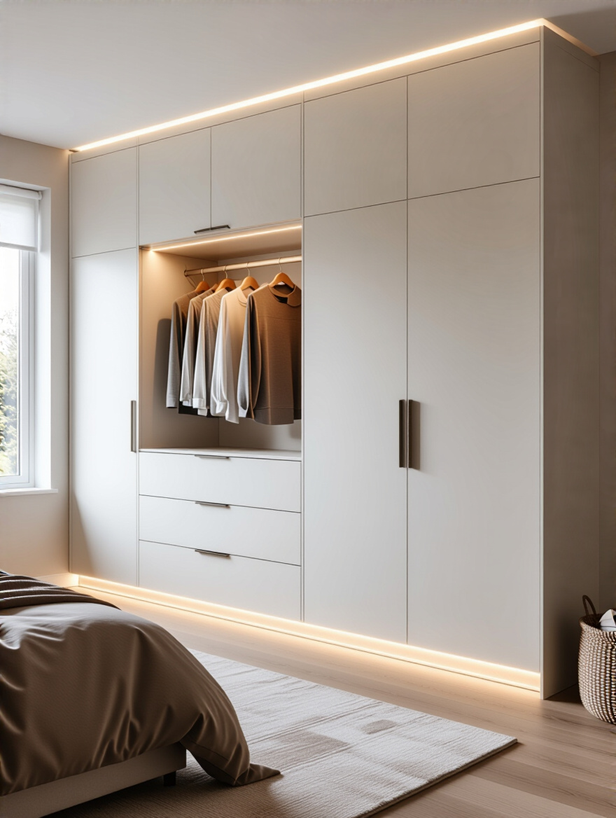 Modern bedroom with a seamless built-in wardrobe system featuring handleless white panels and integrated lighting