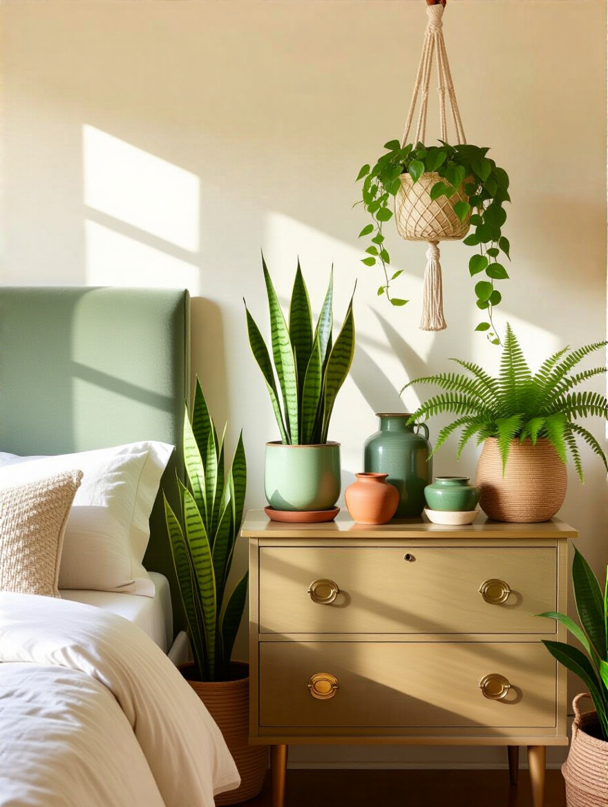 Vertical shot of a serene vintage bedroom corner featuring various botanicals in vintage planters on a dresser and nearby shelves, bathed in warm window light.