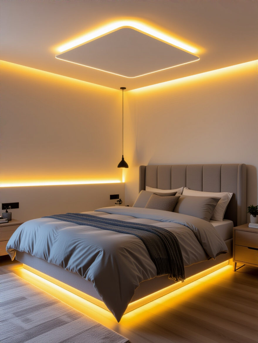 Modern bedroom with dimmable smart lighting creating warm and adjustable ambiance