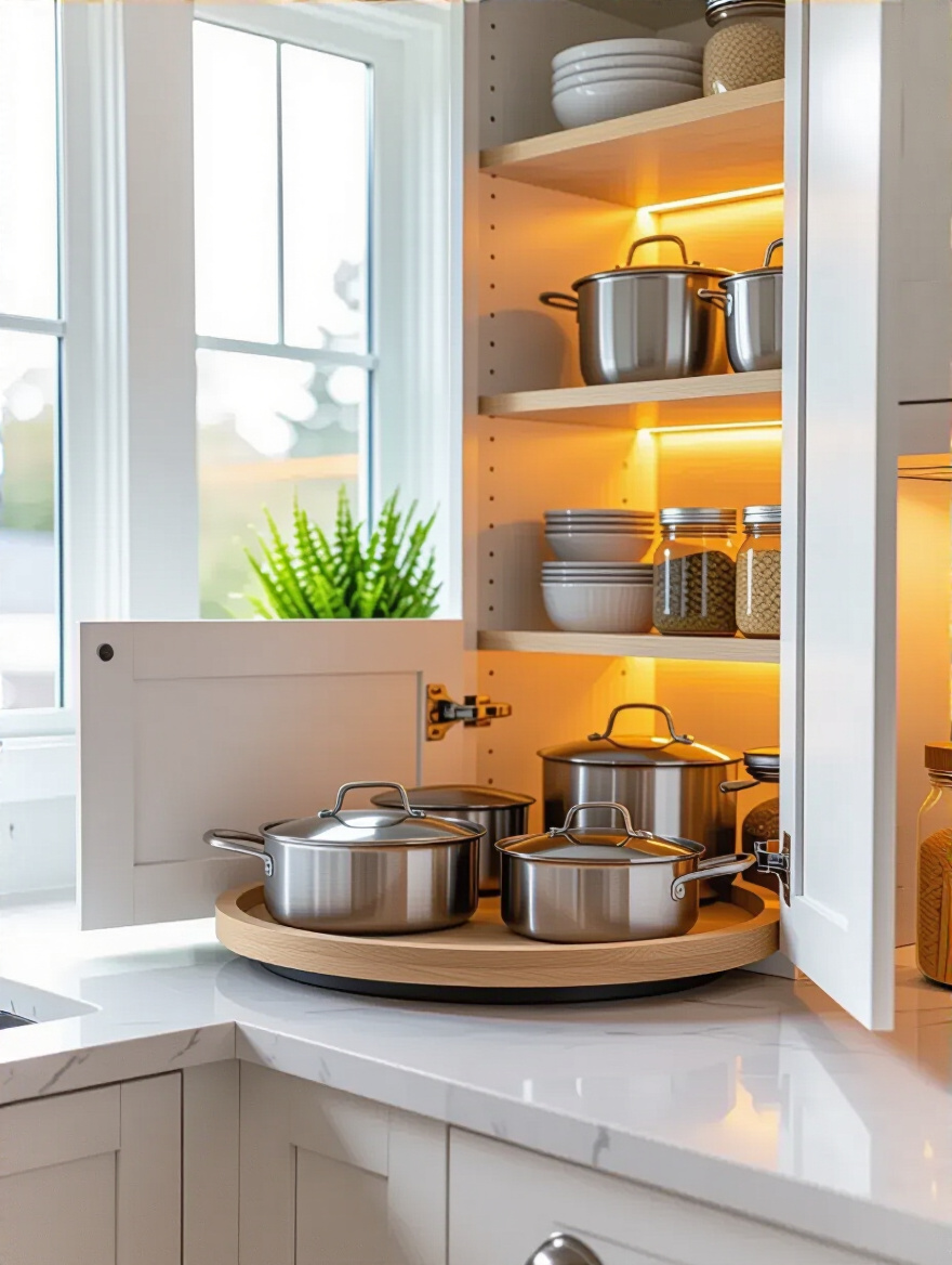 Vertical photo of a kitchen corner cabinet with a rotating Lazy Susan demonstrating seamless access
