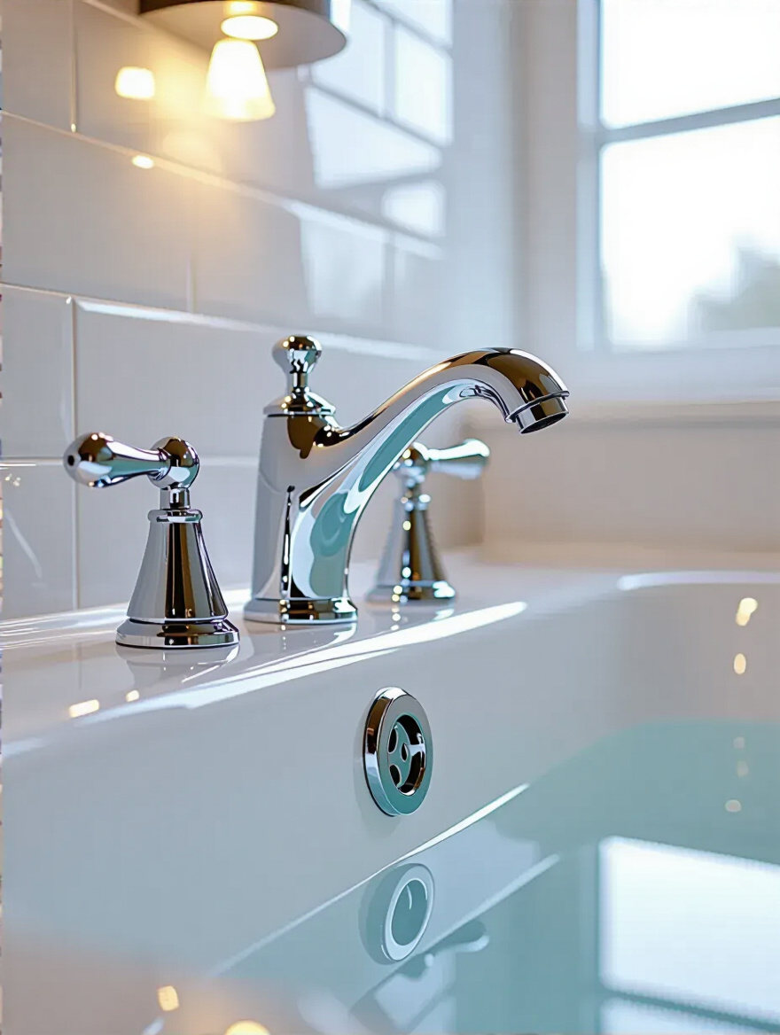 Newly installed leak-free bathtub faucet and drain assembly in modern bathroom