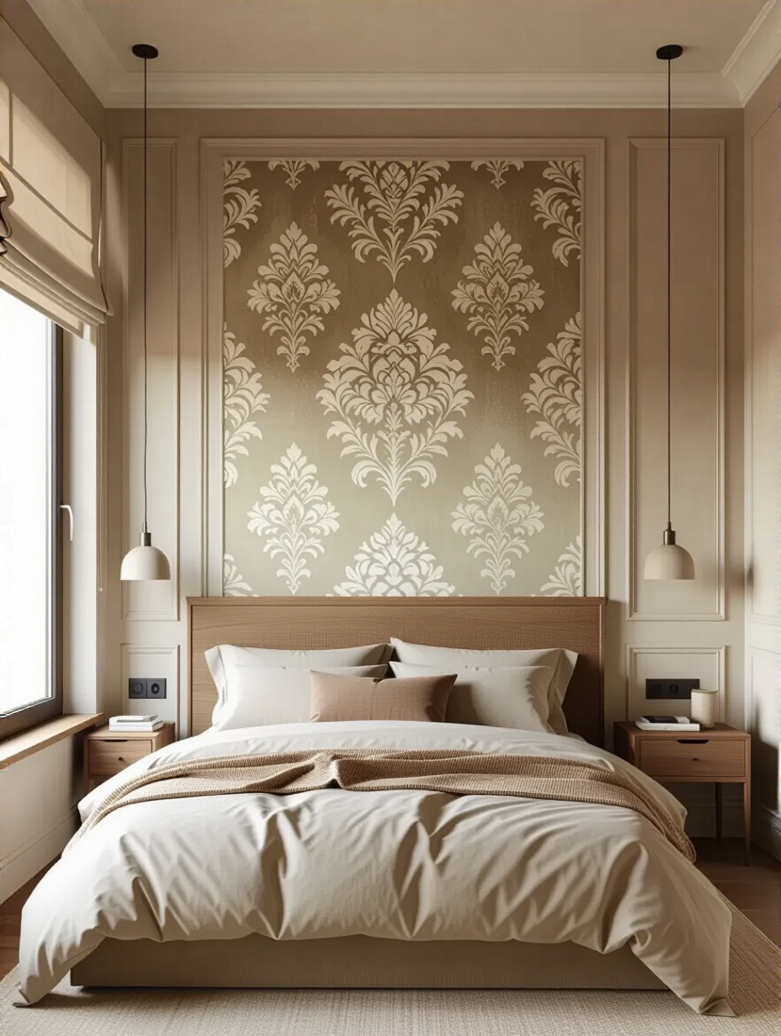Bedroom wall with vintage-inspired treatments (damask wallpaper and limewash)