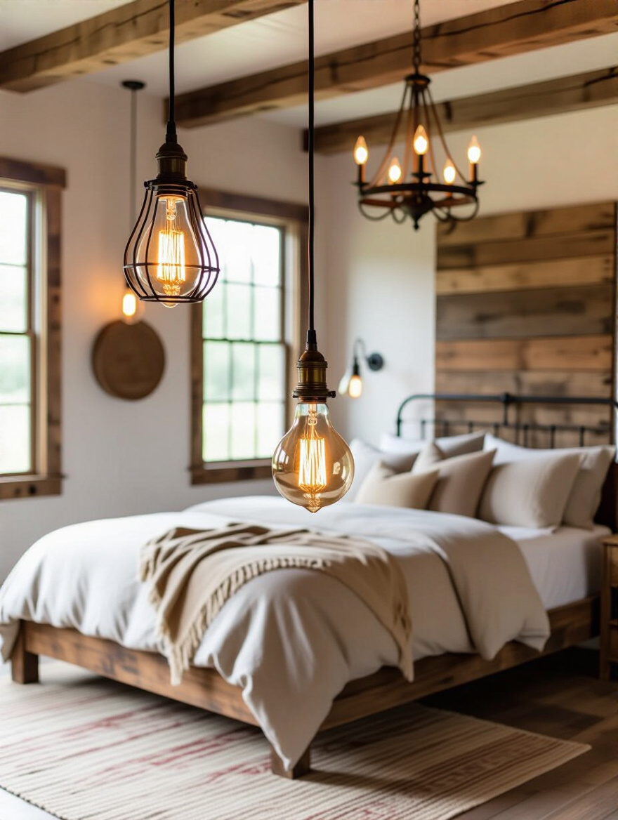 Vertical view of a rustic bedroom with warm Edison filament bulb pendants and a distressed wood headboard, amber ambient glow
