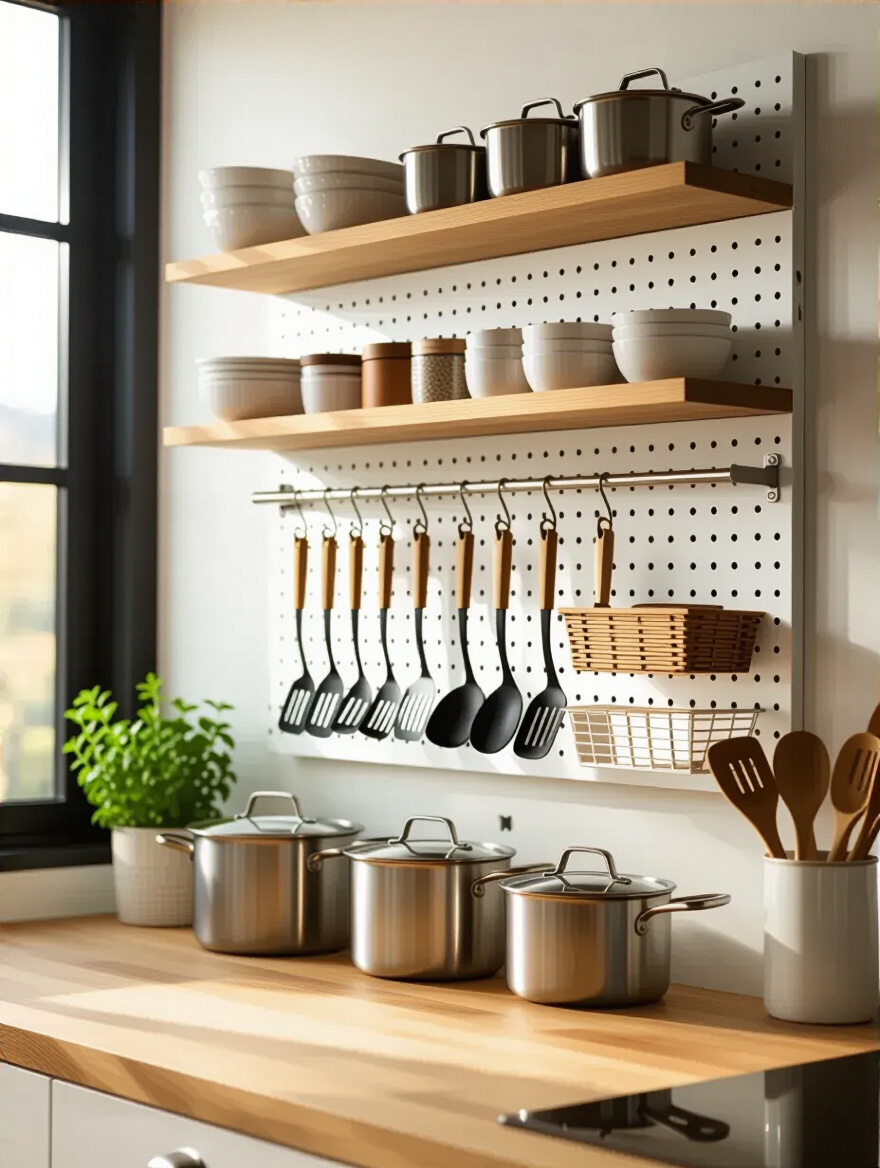 Portrait view of a modern kitchen wall with a pegboard system organizing utensils and cookware, no people